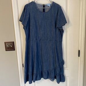 Draper James Chambray Faux Wrap Ruffle Denim Mini Dress, Blue